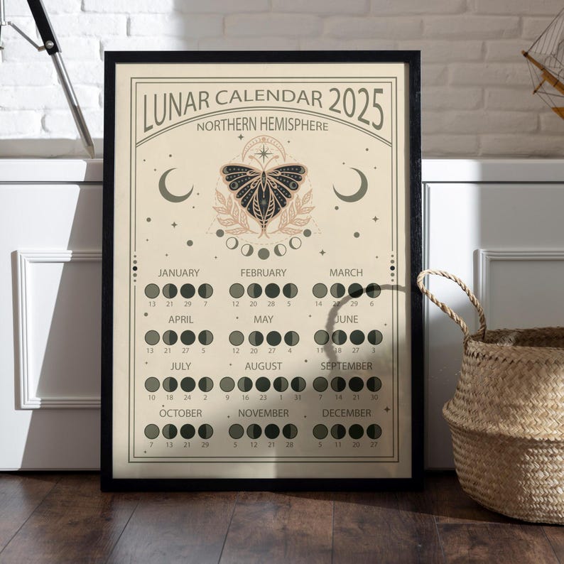 Calendario lunar2025 del hemisferio norte, en el sale una pollilla con una media luna arriba y hojas en los lados, debajo las fechas y fases lunares, el marco está apoyado en una pared ya su lado hay una canasta de mimbre.