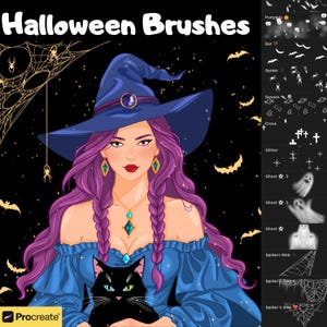 May include: A witch with purple hair and a blue hat holds a black cat. The background is a dark starry night with a spider web. The image is labeled "Halloween Brushes" and includes a variety of Halloween themed brush icons.