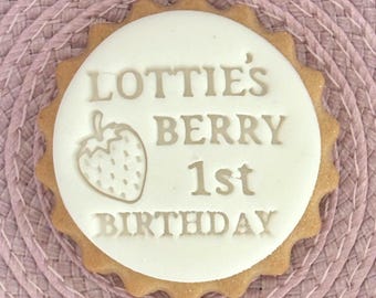 Custom Strawberry Berry First Birthday Biscuit Stamp Topper