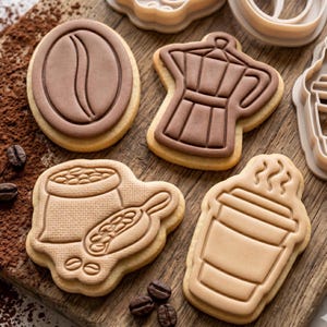 May include: Four light beige sugar cookies with embossed coffee-themed designs including a coffee bean, a moka pot, a sack of coffee beans with a scoop, and a takeaway coffee cup with steam, arranged alongside loose coffee beans on a wooden surface.