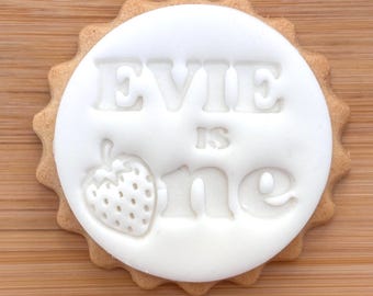 Custom Personalised Strawberry First Birthday Cookie Stamp: M&S Sized Fondant Embosser and Stamp