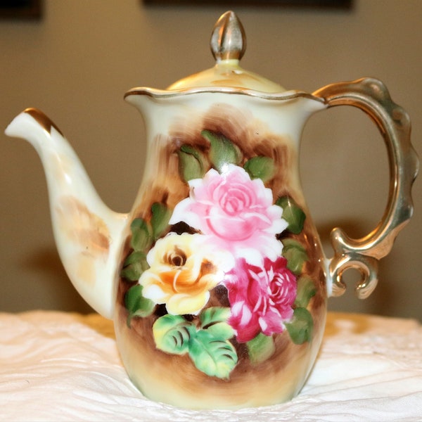Vintage Enesco Brown Roses Teapot with Gold Trim