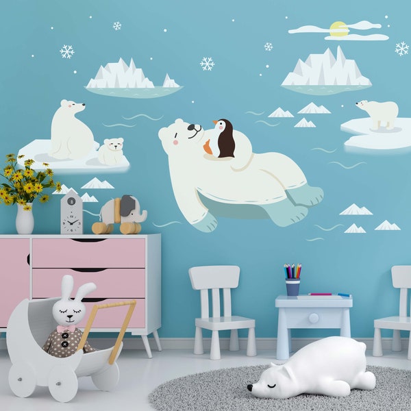 Sticker mural chambre d'enfant ours polaire arctique, papier peint autocollant