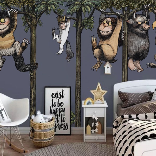 Where The Wild Things Are With Monsters Swinging on the Trees Wall Decal Sticker Wallpaper Art For Kids And Baby Nursery Room Decor