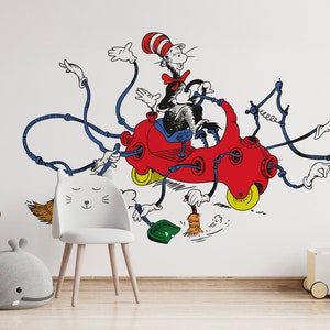 Dr Seuss Kot w kapeluszu Jazda samochodem Naklejka ścienna dla dzieci Naklejka ścienna Tapeta