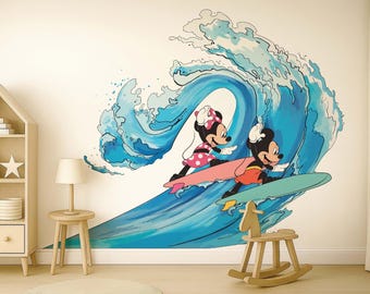 Removable Disney Mickey and Minnie Mouse Surfing Wall Decals For Kids And Baby Nursery