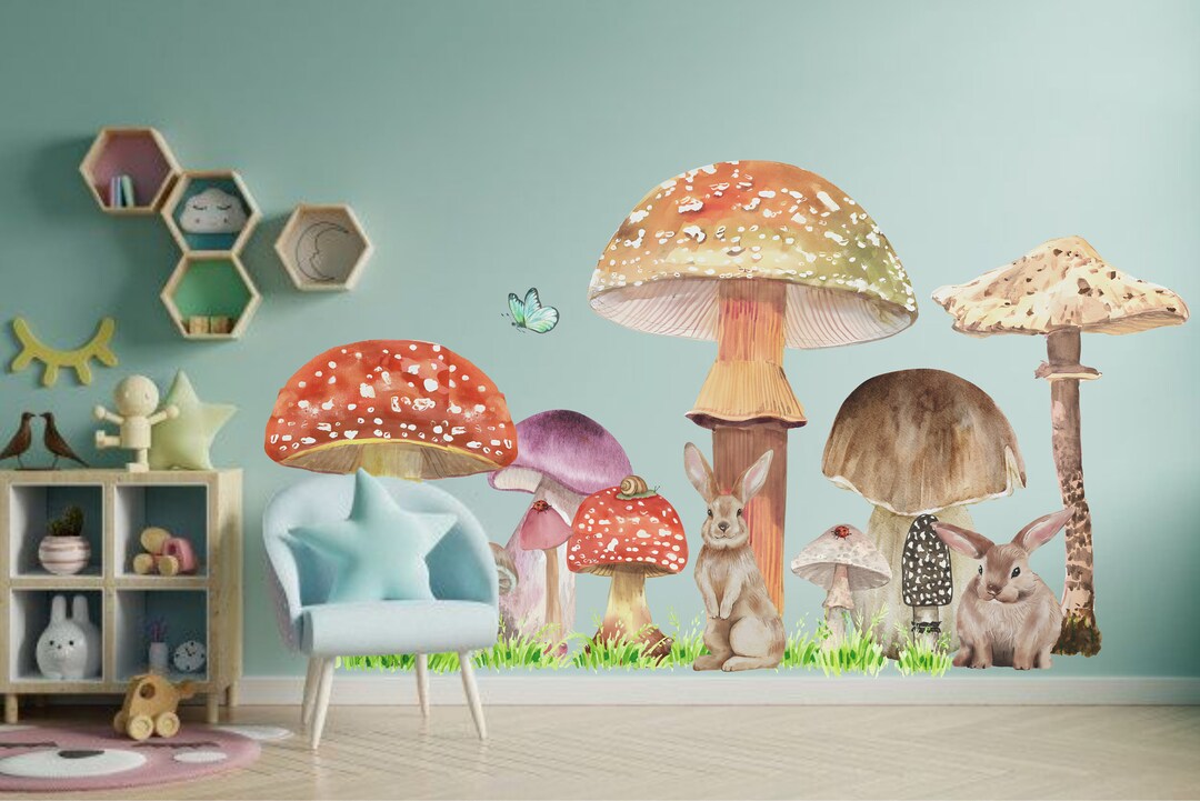 Removable Red Mushroom Wall Decal Rabbit Wall Sticker Art Wallpaper for ...
