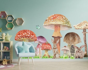 Removable Red Mushroom Wall Decal Rabbit Wall Sticker art Wallpaper For kid And Baby Nursery Room Decor