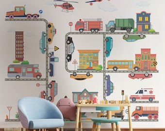 Calcomanías de pared extraíbles con temática de transporte, con coches, camiones, aviones y helicópteros, para guarderías y habitaciones infantiles.