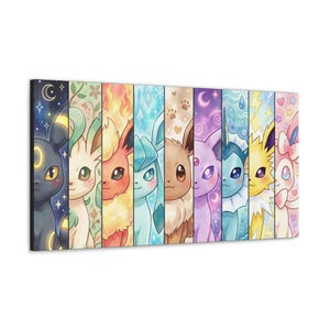 May include: A rectangular wall art print featuring nine vertical panels, each displaying a different stylised creature with unique colours and elemental symbols including moons, leaves, flames, ice crystals, paw prints, water droplets, and lightning bolts.