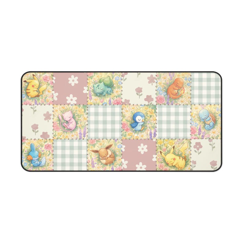 Tapete de escritorio/colcha con diseño de patchwork de Pokémon en tonos pastel: Pikachu, Piplup, Eevee, Mew imagen 2