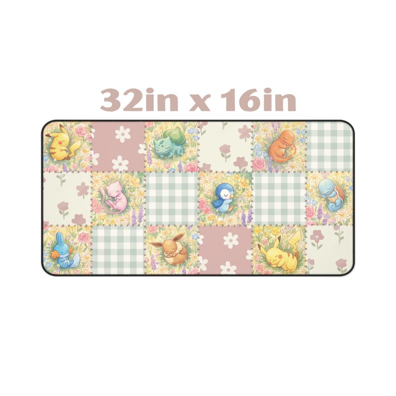 Tapete de escritorio/colcha con diseño de patchwork de Pokémon en tonos pastel: Pikachu, Piplup, Eevee, Mew imagen 5