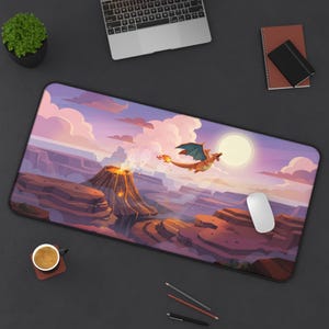 May include: A rectangular mouse pad featuring a vibrant landscape with a volcano, a flying dragon, and a full moon. The color palette includes shades of orange, purple, and blue. A white computer mouse is on the pad.