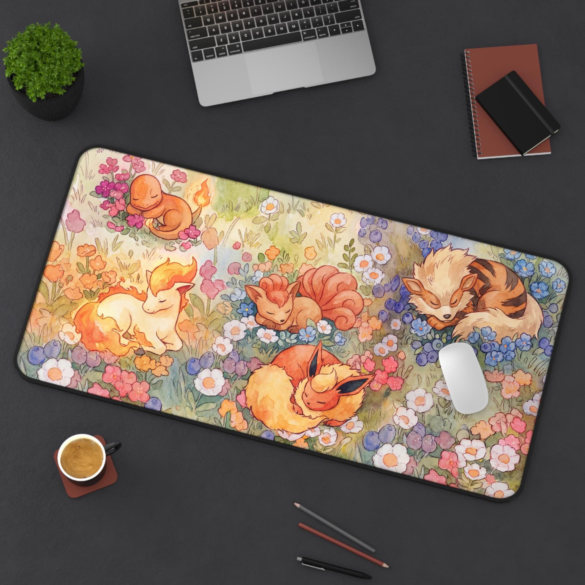 Sleeping Fire Type Pokémon Meadow Desk Mat | Charmander, Flareon, Ponyta Mouse Pad