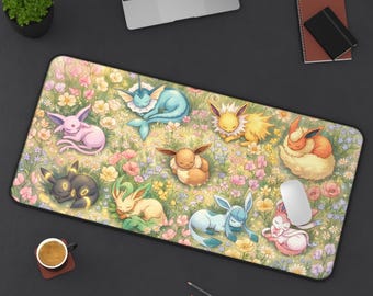 Sleeping Pokémon Meadow Desk Mat | Eevee and Eeveelutions Floral Mouse Pad