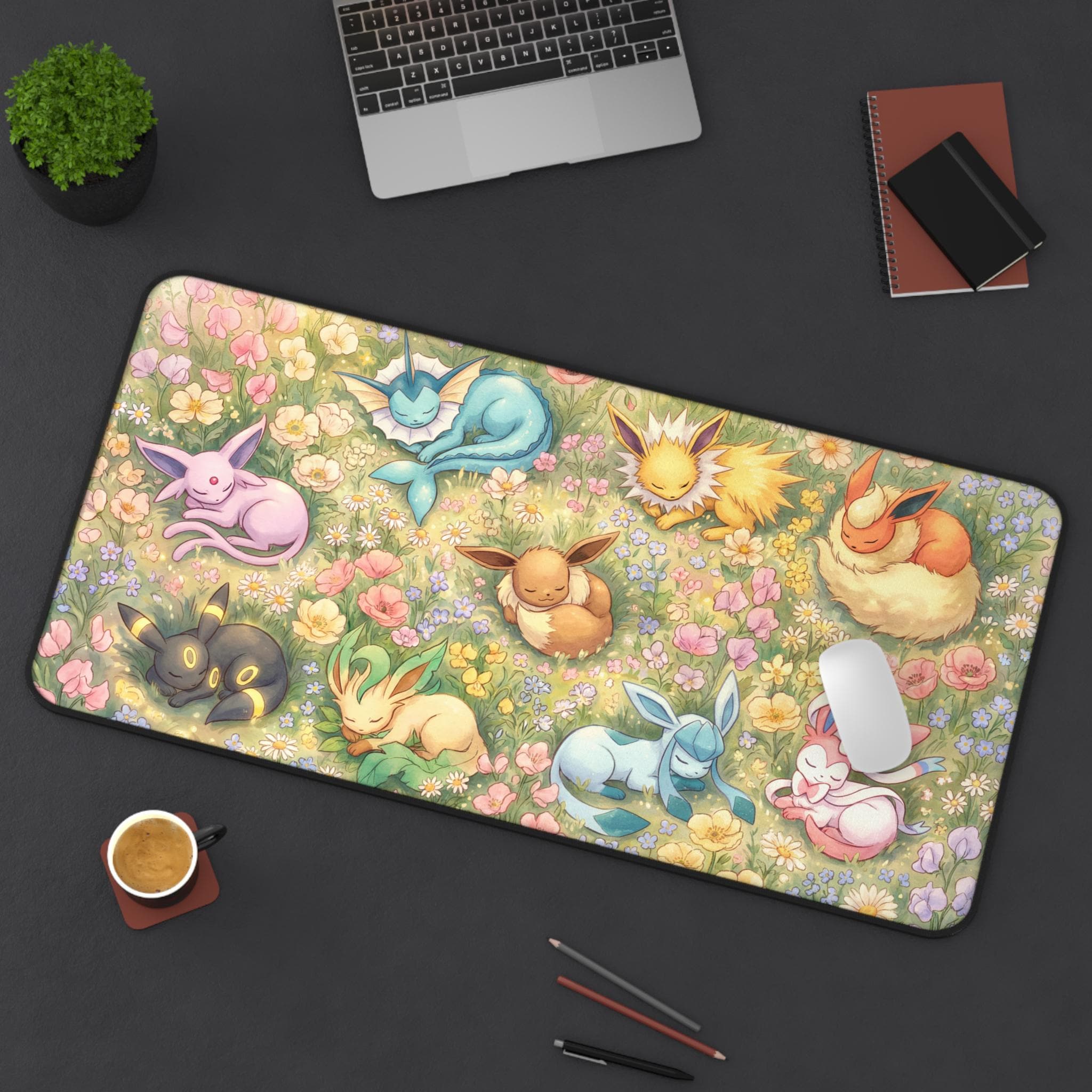 Sleeping Pokémon Meadow Desk Mat | Eevee and Eeveelutions Floral Mouse Pad