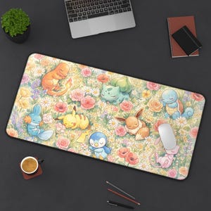 Sleeping Pokémon Meadow Desk Mat | Charmander, Eevee, Pikachu, Piplup, Mew Floral Mousepad image 1