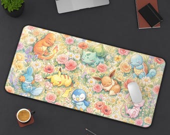 Alfombrilla de escritorio con diseño de Pokémon durmiendo en un prado / Alfombrilla de ratón floral con Charmander, Eevee, Pikachu, Piplup y Mew.