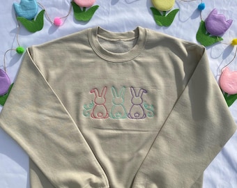 Embroidered Easter Sweatshirt, Bunny Pullover, Spring Natural Crew Neck, Sweatshirt, Sweater, Cute Gift, Happy Shirt, Bunny Rabbit Hoodie