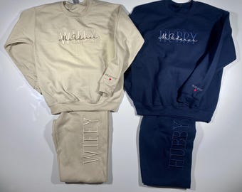 Geborduurde Wifey Hubby-set met geborduurde broek, mevrouw sweater, meneer sweater, hoodiecadeau, pas getrouwde set, custom, datum op mouw