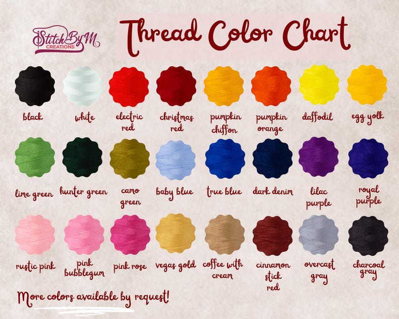 May include: Thread color chart with 20 different colors of thread, including black, white, electric red, Christmas red, pumpkin chiffon, pumpkin orange, daffodil, egg yolk, lime green, hunter green, camo green, baby blue, true blue, dark denim, lilac purple, royal purple, rustic pink, pink bubblegum, pink rose, Vegas gold, coffee with cream, cinnamon stick red, overcast gray, and charcoal gray. The chart is labeled "Thread Color Chart" and "More colors available by request!"