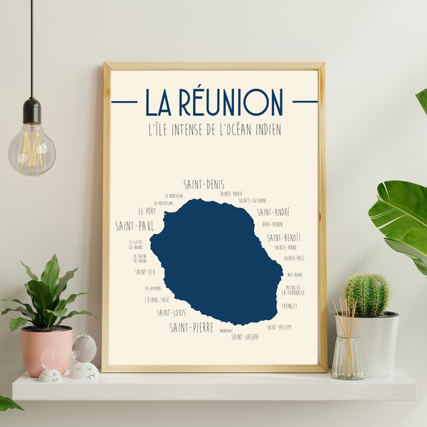 REUNION affiche - Décoration intérieure - Idée cadeau poster île de la Réunion - Illustration plages et villes, Voyage Océan Indien vacance