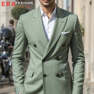 Sage Green Double Breasted Slim Fit Suit: Wedding Groom & Business Wear