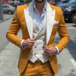 Men Suit | Mustard Ivory | 3 Piece Tuxedo | Slim Fit Tailored Suit | Mens Wedding Wear | Designer Suits | Groom Wear Dress | Premium Suits
