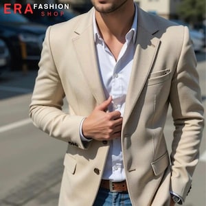 Beige Wool Blazer: Slim Fit Two-Button Notch Lapel