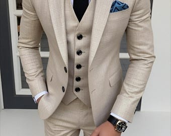 Men's Beige Linen Slim Fit 3 Piece Suit - Groom Wedding Attire