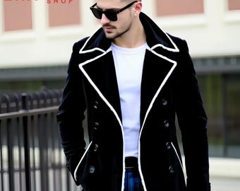 Gabardina para hombre - Chaqueta larga de terciopelo negro - Ropa formal de invierno para eventos
