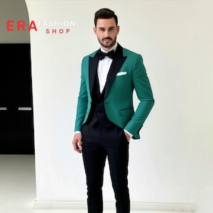 Green and Black Tuxedo Suit: 3-Piece Wedding Groom Suit