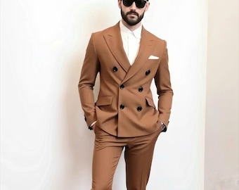 ブラウンのダブルブレストスーツ：メンズスリムフィットウェディング