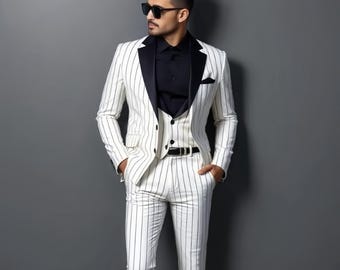 Striped Tuxedo Suit: 3-Piece White & Black Wedding Suit