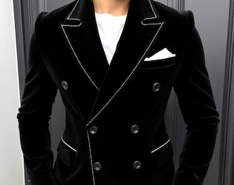 メンズ ブラック ベルベット ダブルブレスト ブレザー：1920年代風