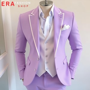 Traje de tres piezas morado claro: chaleco blanco, traje de boda a medida