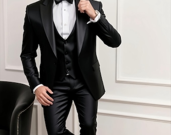 Slim fit svart kostym: 3-delad formell bröllopsbalstil