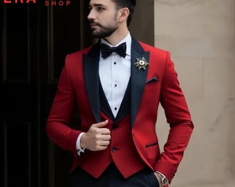 レッドタキシードスーツ - メンズ2ピーススーツ - レッドタキシード