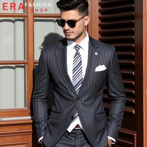 Striped Grey 2-Piece Men&#39;s Suit: Tailored Fit Wedding Groom Attire