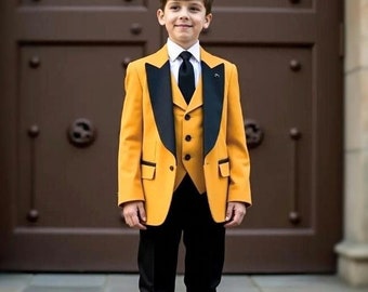 Boy&#39;s Mustard Black Tuxedo - 3 Piece Suit for boy&#39;s - Suit For Toddler - Kid Boy Stylish Suit - Slim Fit Designer Suits