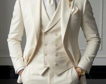 Ivory Slim Fit 3 Piece Tailored Suit - Double Breasted Waistcoat - Wedding Groom Outfit