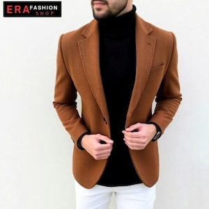 Brown Wool Men&#39;s Blazer: Formal Wedding Guest Jacket