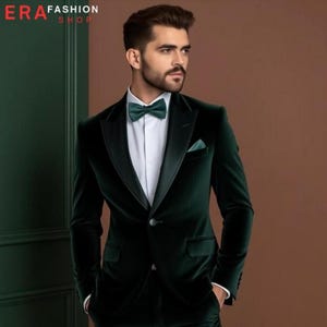 Dark Green Velvet Men&#39;s Suit: Slim Fit Tuxedo, Wedding Prom Party