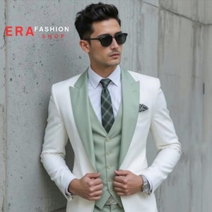 Green and White Tuxedo Suit: 3-Piece Wedding Party Suit