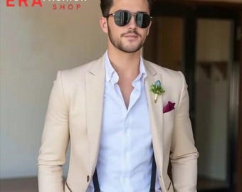 Men's Beige Linen Blazer: Tailored Wedding Jacket