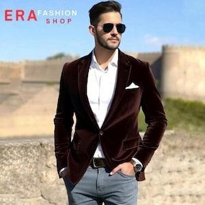 Brown Velvet Men&#39;s Blazer | Men&#39;s Formal Wear | Jacket for Men | Wedding Mens Blazer | Gift for Him | One Button Coat | Slim Fit Blazer Men