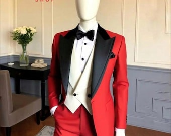 Red Tuxedo Suit: Ivory Vest, One Button - Wedding Groom Style
