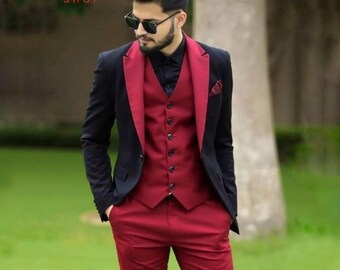 赤と黒のタキシードスーツ：スリムフィット3ピースウェディングスーツ