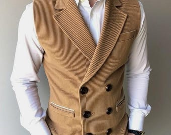 Light Brown Corduroy Men's Jacket:  Sleeveless Double Breasted Vest