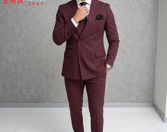 Burgundy Double Breasted 2 Piece Stripe Suit - Formal Outfit for Men's